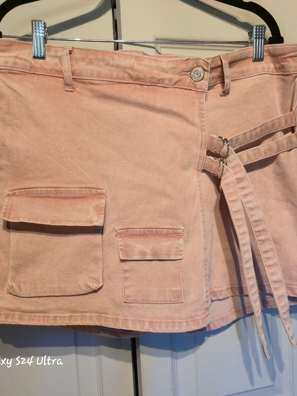 VIP Peach Mini Skirt with Cargo Pockets & Double Buckle Straps